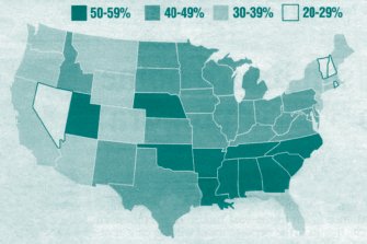 Percentage of the population in the 48 contiguous states and the District who attend church once a week (Gallup, The Washington Times)